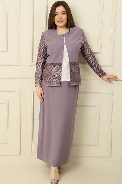 By Saygı Bluse mit Halbmondärmeln, Paillettenstickerei, Perlendetails, Jacke und Rock, gefüttert, große Größe, 3-teiliges Set