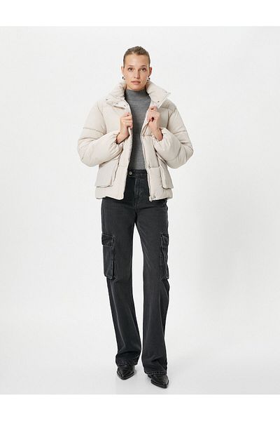 Koton Short Puffer Jacket Stand Collar Large Pocket Snap Fastener
