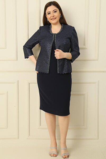 By Saygı Κόσμημα γιακά με επένδυση κρεπ φόρεμα παγιέτα Μπουφάν Plus Size Διπλό Σετ