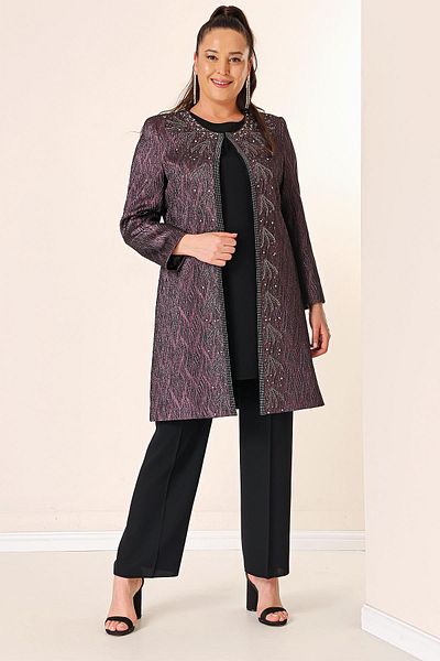 By Saygı Tank Top Inside Bead Detailed Lined Jacquard Long Jacket Trousers Large Size 3-Piece Set