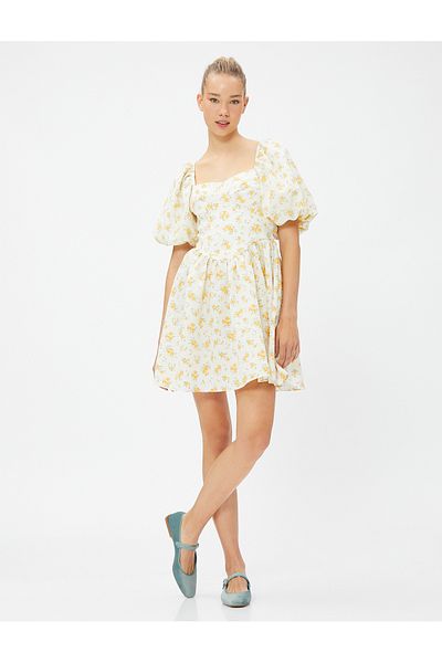 Koton Floral Φόρεμα Mini Balloon Sleeves Sweetheart λαιμόκοψη