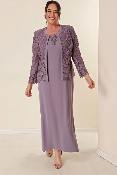 By Saygı Bead Embroidered Laced Lined Dress Coat Plus Size 2 Piece Set