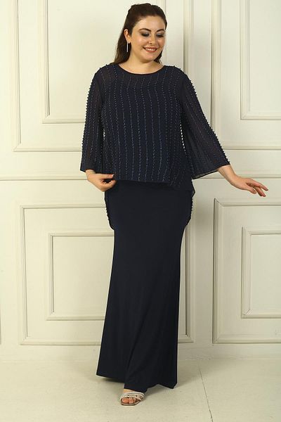 By Saygı Plus Size Beaded Chiffon Blouse and Long Sandy Dress - Rope Strap and Buttoned Back 2-Piece Set