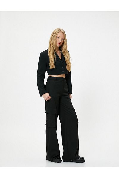 Koton Crop Jacket Reverse Double Breasted Collar Button Closure Slim Fit Chain Detailed