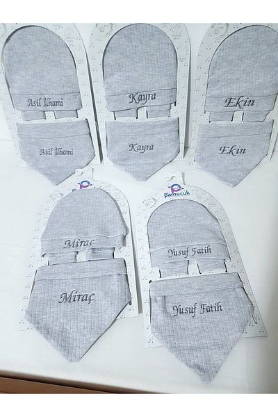bebek iklimi Name Embroidered Beret Gray Newborn Set (Gloves and Drool Bib)