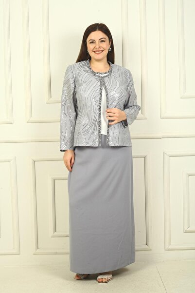 By Saygı Plus Size Γυναικείο - Half Moon Sleeve Sequin Jacket, Φόδρα κρεπ μπλούζα και μακριά φούστα σετ 3 τεμαχίων