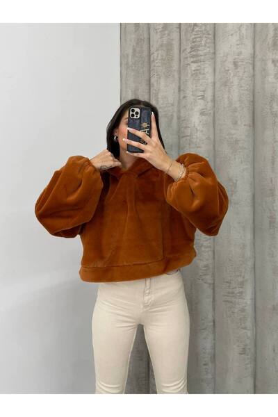 momchi Premium Kadın Kürk Yakalı Peluş Sweatshirt Hoodie Kapüşonlu - Şık Tasa...