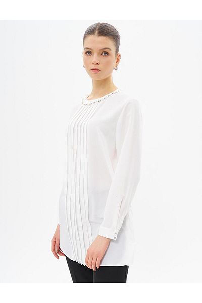 Kayra Ecru Tunic - Ribbed Detailed, Zero Collar