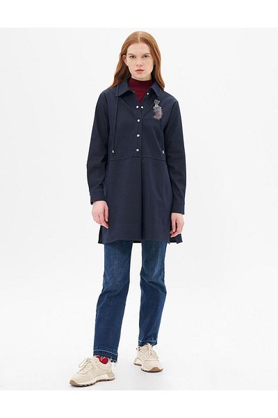 Kayra Navy Blue Denim Tunic with Brooch and Half Snap Closure