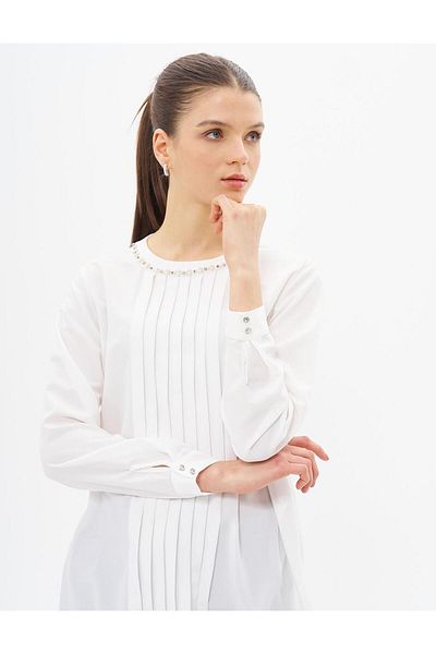 Kayra Ecru Tunic - Ribbed Detailed, Zero Collar