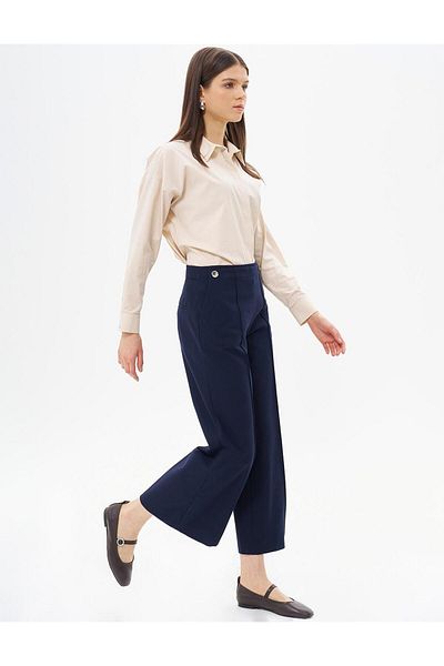 Kayra Dark Navy Blue Trousers with High Waist and Button Detail