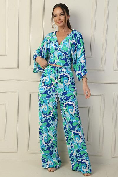 By Saygı Pantaloni Palazzo crop cu decolteu în V cu model etnic - Set de 2 cu talie elastică și buzunare