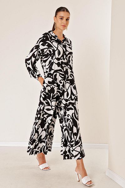 By Saygı Elastic Waist Pocketed Skirt Pants Long Shirt Shawl Patterned Oversize Set of 2
