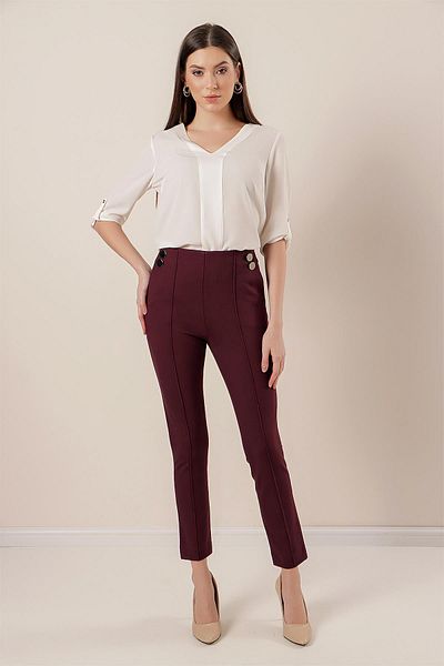 By Saygı Striped Lycra Trousers with Side Pockets and Button Accessories