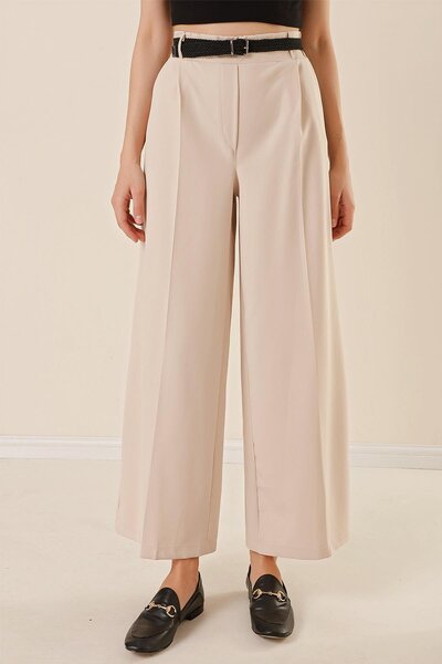 By Saygı Elastic Waist Belt Pocket Palazzo Trousers
