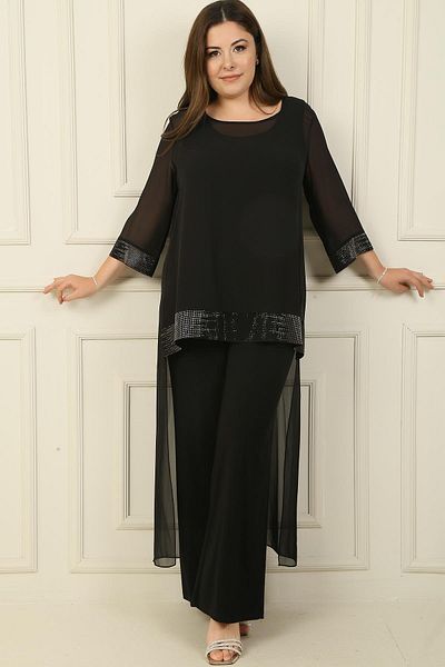 By Saygı Plus Size Chiffon Lycra Jumpsuit - Stone Detailed