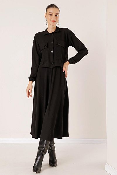 By Saygı Buttoned Front Bag Pocket Jacket Elastic Waist Flared Skirt 2 Piece Set
