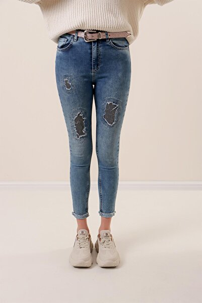 By Saygı Lycra džínové kalhoty s kamínkovým vyšívaným páskem na přední straně a na nohavicích