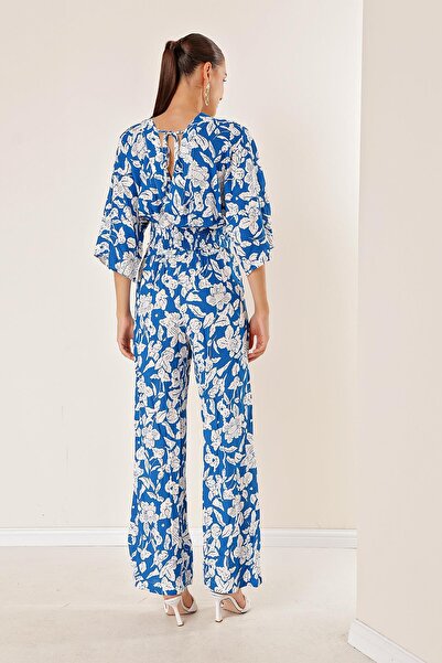 By Saygı Elastic Waist Pocket Palazzo Trousers Front Back V Neck Crop Patterned Double Suit