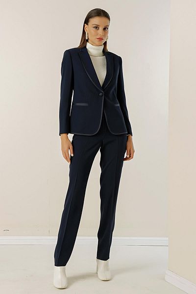 By Saygı Pile Lined Single Button Jacket 2 Piece Set with Trousers