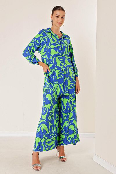 By Saygı Elastic Waist Pocketed Skirt Pants Long Shirt Shawl Patterned Oversize Set of 2