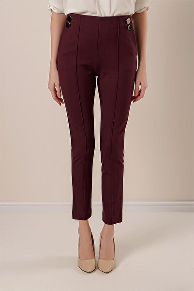 By Saygı Striped Lycra Trousers with Side Pockets and Button Accessories