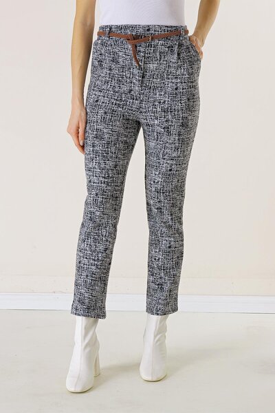 By Saygı Elastic Waist Belt Side Pocket Broken Glass Pattern Skinny Leg Trousers