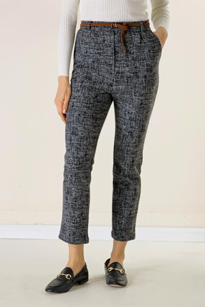 By Saygı Elastic Waist Belt Side Pocket Broken Glass Pattern Skinny Leg Trousers