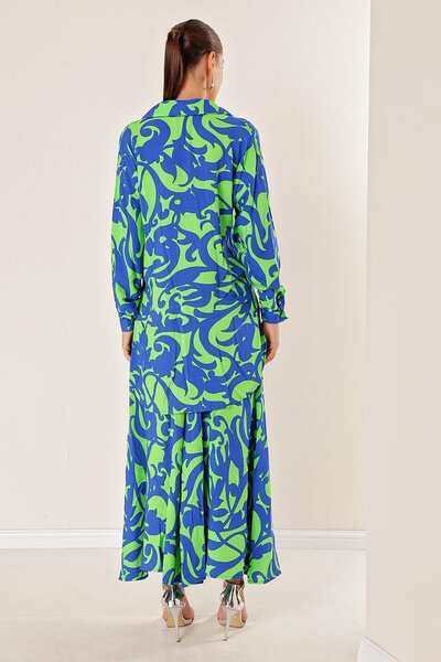 By Saygı Elastic Waist Pocketed Skirt Pants Long Shirt Shawl Patterned Oversize Set of 2