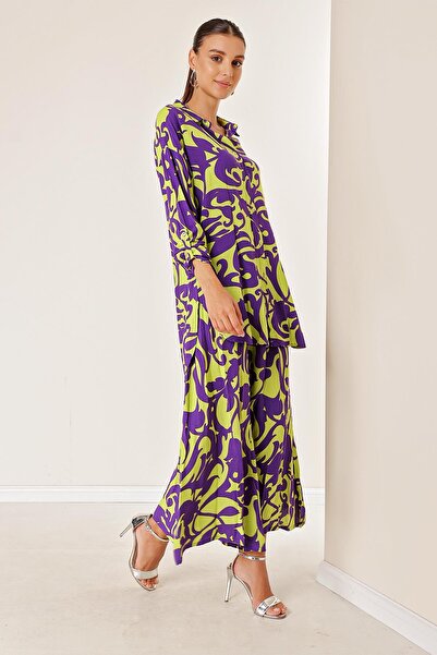 By Saygı Elastic Waist Pocketed Skirt Pants Long Shirt Shawl Patterned Oversize Set of 2