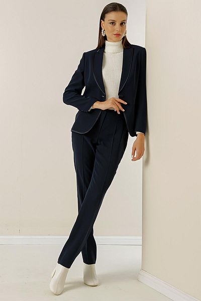By Saygı Pile Lined Single Button Jacket 2 Piece Set with Trousers