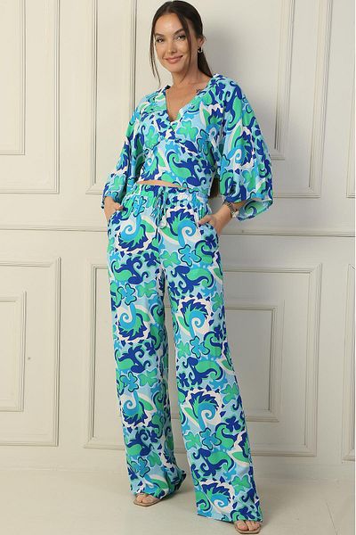 By Saygı Pantaloni Palazzo crop cu decolteu în V cu model etnic - Set de 2 cu talie elastică și buzunare