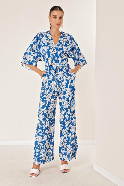 By Saygı Elastic Waist Pocket Palazzo Trousers Front Back V Neck Crop Patterned Double Suit