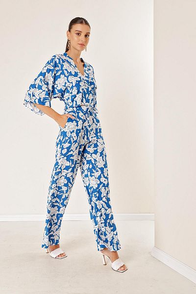 By Saygı Elastic Waist Pocket Palazzo Trousers Front Back V-Neck Crop Patterned Double Suit