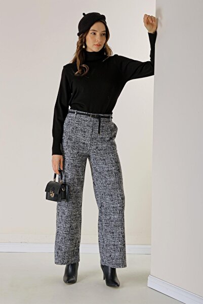 By Saygı Elastic Waist Belt Side Pocket Broken Glass Patterned Palazzo Trousers