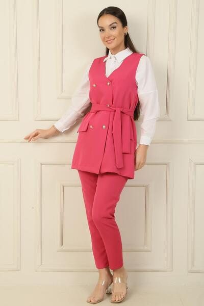 By Saygı Skinny Leg Pants and Vest - 6-Button and Belted 2-Piece Set