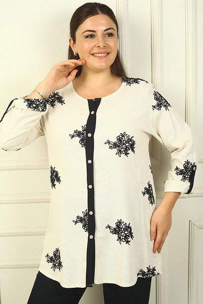 By Saygı Cămașă de in - damă, cu broderie și mâneci pliate B.B. Model
