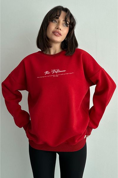 zunop Women's Red the Patience Printed Oversize Hooded Sweatshirt