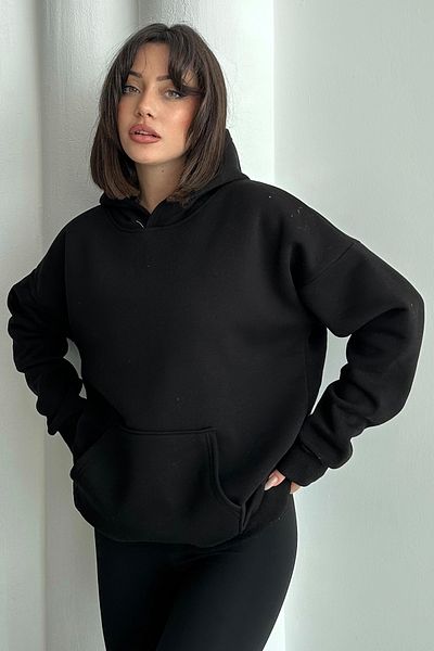zunop Women's Black Do What Makes You Happy Printed Oversize Hooded Sweatshirt