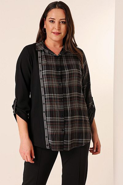 By Saygı Striped Plaid Three Quarter Sleeve Plus Size Shirt