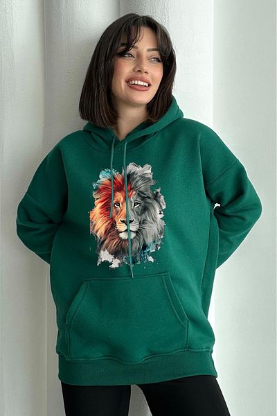 zunop Women's Green Lion Printed Oversize Hooded Sweatshirt