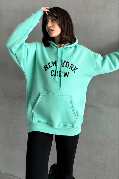 zunop Women's Mint Green Oversize Door New York Crew Sweatshirt