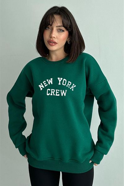 zunop Women's Green New York Crew Printed Oversize Hooded Sweatshirt