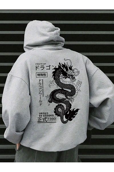 Pink Sky Dragon Japanese Printed Unisex Oversize Φούτερ