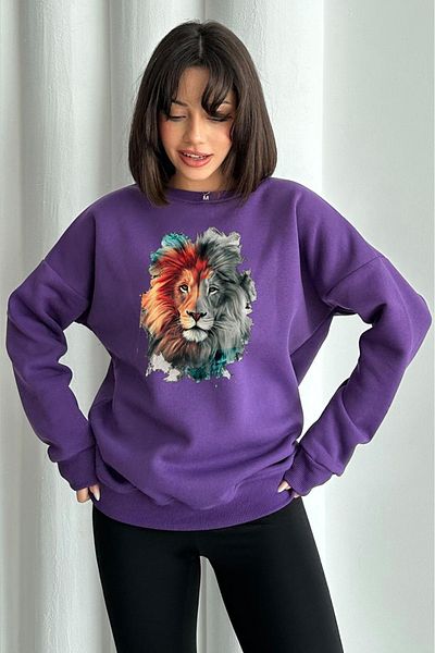 zunop Women's Purple Lion Printed Oversize Hooded Sweatshirt