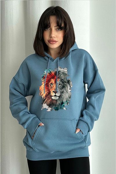 zunop Hanorac oversize cu glugă cu imprimeu Blue Lion pentru femei