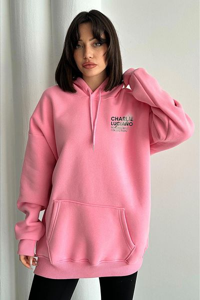 zunop Women's Pink Charlie Luciano Printed Oversize Hooded Sweatshirt