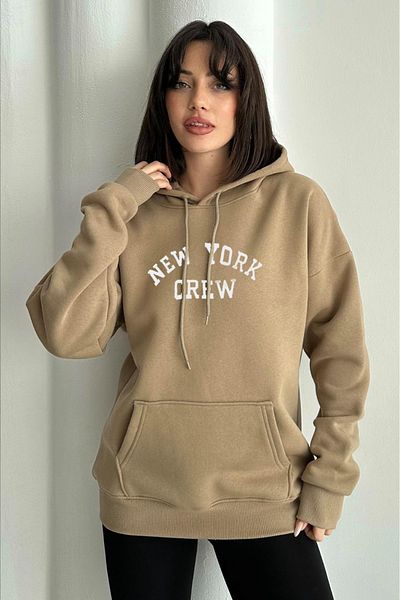 zunop Дамски суитшърт с качулка Mink New York Crew Print Oversize
