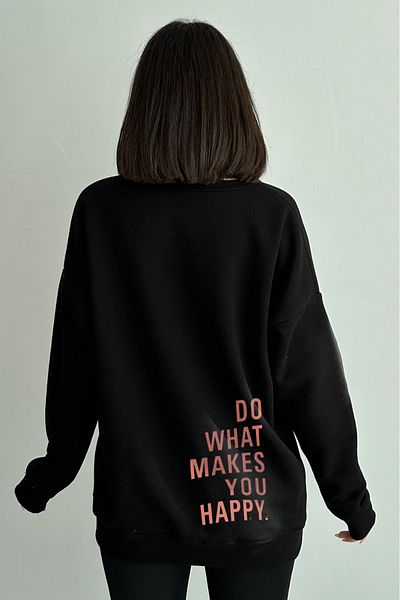 zunop Women's Black Do What Makes You Happy Printed Oversize Hooded Sweatshirt