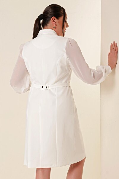 By Saygı Front Button Waist Belt Sleeves Tulle Plus Size Dress